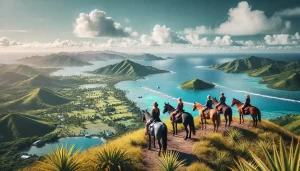 DALL·E 2024-10-28 11.24.02 - A scenic scene of horseback riders at a mountain vista on Malolo Island, Fiji, with a view overlooking the coastline and tropical ocean waters. The ri 2