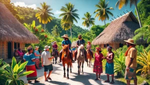 DALL·E 2024-11-01 09.47.24 - A vibrant scene of tourists on horseback riding through a traditional Fijian village on Malolo Island. The riders are accompanied by a local guide, an 1 (1)