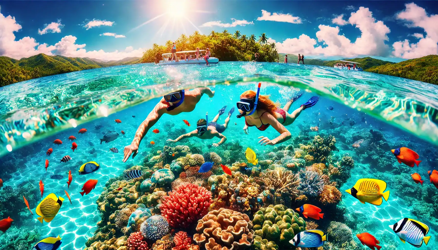 DALL·E 2024-11-01 10.00.28 - A vibrant scene of tourists snorkeling in the crystal-clear waters near Malolo Island, Fiji. Colorful coral reefs and tropical fish are visible beneat 1